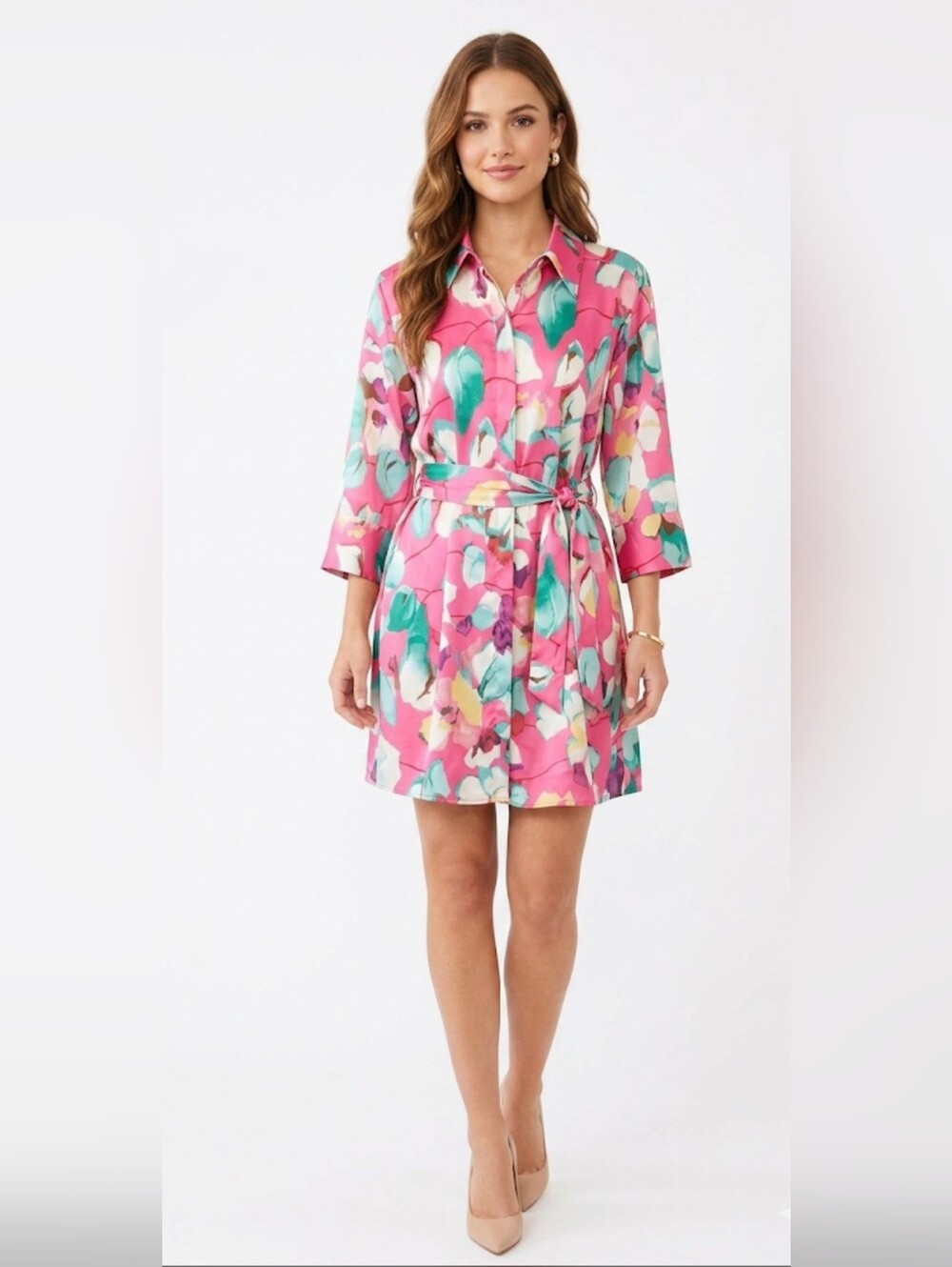 ZARA Floral Tie-Waist Satin Mini Dress - Pink/Green Multi, Size S